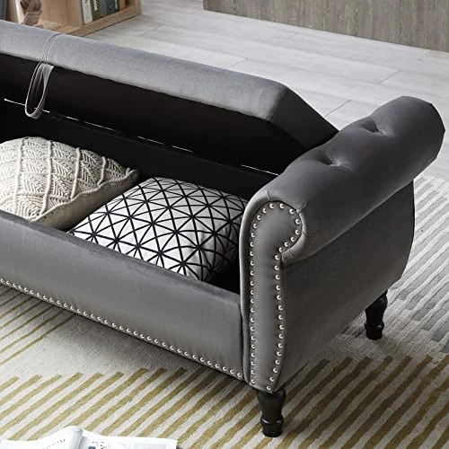 LUCKHAO Storage Bench For Bedroom End Of Bed, 63" Long Velvet Tufted Upholstered Storage Ottoman Bench For Bedroom, Rolled Arm Nailhead Trim With Pillow(Grey) 4 LUCKHAO Storage Bench For Bedroom End Of Bed, 63" Long Velvet Tufted Upholstered Storage Ottoman Bench For Bedroom, Rolled Arm Nailhead Trim With Pillow(Grey) - Image 4
