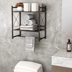 TZAMLI 2-Tier Towel Rack Wall Mounted Bathroom Shelves With Towel Bar, Floating Shelves Over Toilet, Metal Storage Shelf Shower Organizer, Brown -Songmics Furniture Shop 51T2xxsKbGL