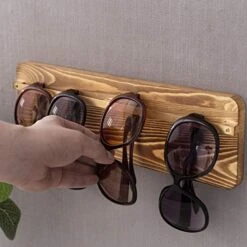 MyGift Burnt Wood Sunglasses Holder Organizer Wall Mounted Eyeglasses Display Rack With Brass Metal Hanging Rod