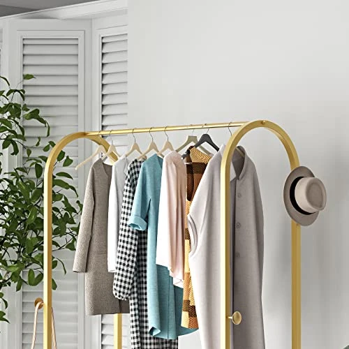 MaiRHK Gold Clothing Rack On Wheels Gold Display Rack With 2-tier Shelf Metal Hanging Rack Gold Clothes Rack For Boutique, Retail Or Home -gold 2 MaiRHK Gold Clothing Rack On Wheels Gold Display Rack With 2-tier Shelf Metal Hanging Rack Gold Clothes Rack For Boutique, Retail Or Home -gold - Image 2