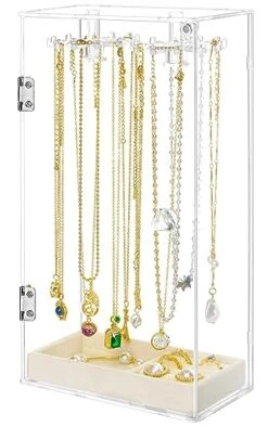Acrylic Necklace Holder, Dustproof Jewelry Holder Organizer Stand, 24 Hooks Rotation Clear Necklaces Pendant Bracelets Storage Display Box With Removable Velvet Jewelry Tray For Earrings Rings