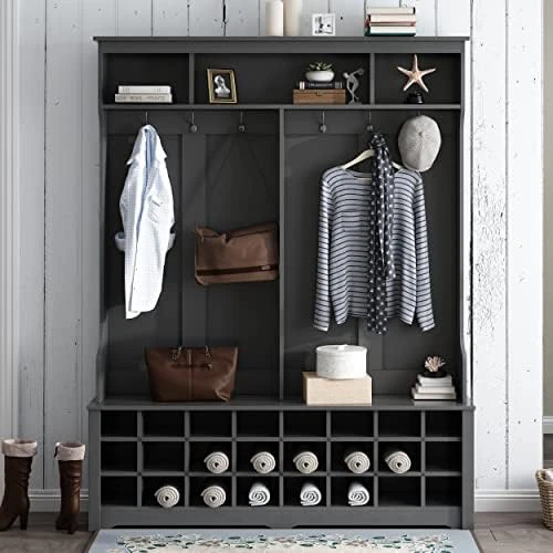 Wide Hall Tree And Shoe Storage Bench With 24 Shoe Cubbies, Wooden Hallway Coat Rack With 6 Double Hooks For Mudroom Organization Entryway Bench, White 5 Wide Hall Tree And Shoe Storage Bench With 24 Shoe Cubbies, Wooden Hallway Coat Rack With 6 Double Hooks For Mudroom Organization Entryway Bench, White - Image 5