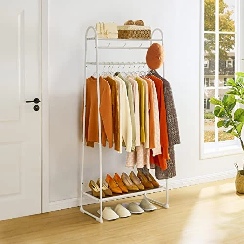 Tajsoon Clothes Rack, Freestanding Clothing Rack With Coat Hook, Metal Garment Rack With 2 Storage Display Shelf, Rustic Brown Wood, White 1 Tajsoon Clothes Rack, Freestanding Clothing Rack With Coat Hook, Metal Garment Rack With 2 Storage Display Shelf, Rustic Brown Wood, White
