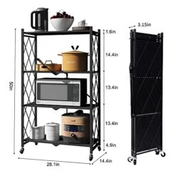 4-Shelf General Purpose Collapsible/Foldable Shelving Unit, Sturdy Storage Rack With Caster Wheels. 4-Tier Organizer, Laundry/kitchen Storage Shelves, Heavy Duty Metal Frame, No Assemble Needed, Black -Songmics Furniture Shop 51TURThJc3L