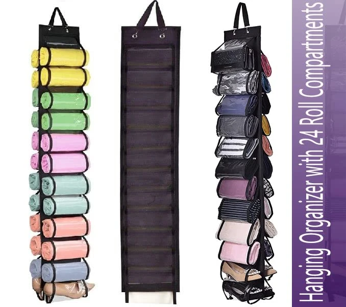 AARAINBOW 2 Packs Yoga Legging Storage Organizer, Hanging Closet Organizer With 24 Roll Compartments Hanging Clothes Storage Bag For Pants, Tank Top, Towel, T-Shirt (24 Pockets, Black Purple) 4 AARAINBOW 2 Packs Yoga Legging Storage Organizer, Hanging Closet Organizer With 24 Roll Compartments Hanging Clothes Storage Bag For Pants, Tank Top, Towel, T-Shirt (24 Pockets, Black Purple) - Image 4