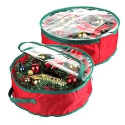 IMFILM Christmas Wreath Storage Bag, 2Pack 16inch Xmas Large Wreath Container Holiday Garland Container With Clear Window - Reinforced Wide Handle And Double Sleek Zipper Red 16x6