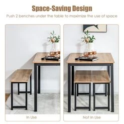 NAFORT 3-Piece Dining Table Set With 2 Benches, Wood Dining Room Kitchen Table & Benches Set For 4-6 Person, Metal Frame & Wood Tabletop Kitchen Dining Room Furniture Set, Natural &Black -Songmics Furniture Shop 51TZh3bb8tL