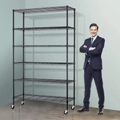 Storage Metal Shelf Wire Shelving Unit With Wheels 82"x48"x18" Sturdy Steel Heavy Duty 6 Tier Layer Rack With Casters For Restaurant Garage Pantry Kitchen Garage Rack Black