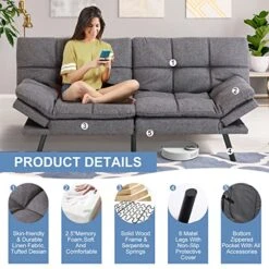 MUUEGM Futon Sofa Bed Couch Memory Foam Futon Bed,Modern Sofas For Living Room,Convertible Sleeper Sofa W/Removable Armrests,Love Seat For Compact Living Spaces Offices Dorm Bonus Room,Linen,Grey -Songmics Furniture Shop 51TfVvtp2nL