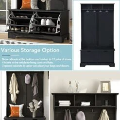 70.8 Inch Hall Tree,Entryway Bench With Coat Rack,Coat Tree With 3 Top Shelves And 2 Flip Shoe Rack Cabinets, Wood Hallway Organizer With Metal Hanging Hooks For Hallway, Living Room, Mudroom,Black -Songmics Furniture Shop 51TneTEblOL