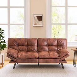 Vyfipt Futon Sofa Bed/Couch, Memory Foam Small Splitback Sofa For Living Room,Modern Loveseat With Covertible Armrests,71" L,Faux Leather/3" Cushion Thicker Version/Brown