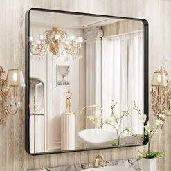 WEER 22X30 Inch Black Metal Framed Bathroom Mirror, Matte Black Bathroom Vanity Mirror, Rectangular Black Wall Mirror For Bathroom, Tempered Glass, Rounded Corner, Hangs Horizontal Or Vertical -Songmics Furniture Shop 51Tr7XgIkfL. AC