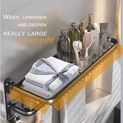 Yariwiz Matte Black Towel Rack Wall Mounted No Drill And Screw Mounting With Foldable Storage Shelf, Bathroom Bath Shower Length 24 Inch Double Towel Rod With Shelf Hotel Towel Rack B0504-MB