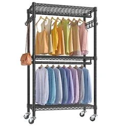 VIPEK V12 Mini Rolling Clothes Rack Heavy Duty Clothing Rack For Hanging Clothes Adjustable Metal Wire Shelving Portable Closet With Wheels Side Hooks, Freestanding Closet Wardrobe, Black