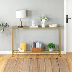 HOOBRO 55.1" Gold Console Table, Narrow Tempered Glass Entryway Table, Sofa Table Behind Couch, Modern Style, Metal Frame, Hallway, Living Room, Gold GD06XG01 13 HOOBRO 55.1" Gold Console Table, Narrow Tempered Glass Entryway Table, Sofa Table Behind Couch, Modern Style, Metal Frame, Hallway, Living Room, Gold GD06XG01 -Songmics Furniture Shop 51TtryYEOSL
