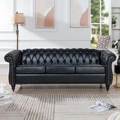 HomSof Rolled Arm Chesterfield 3 Seater Sofa, Mid Century Modern Couch For Small Spaces, Black PU|line 84‘’