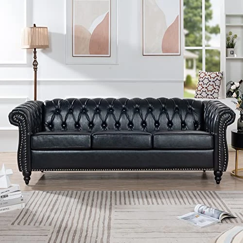 HomSof Rolled Arm Chesterfield 3 Seater Sofa, Mid Century Modern Couch For Small Spaces, Black PU|line 84‘’ 1 HomSof Rolled Arm Chesterfield 3 Seater Sofa, Mid Century Modern Couch For Small Spaces, Black PU|line 84‘’