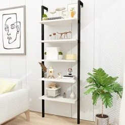 Recaceik 5 Tier Ladder Bookshelf With Storage, Open Wall Mount Bookcase Wooden Ladder Shelf Organizer With Metal Frame, Display Storage Rack Shelves Plant Flower For Living Room, Bedroom