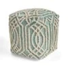 Great Deal Furniture Poppy Boho Wool And Cotton Ottoman Pouf, Aqua And White
