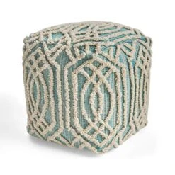 Great Deal Furniture Poppy Boho Wool And Cotton Ottoman Pouf, Aqua And White