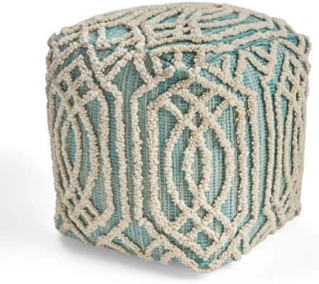 Great Deal Furniture Poppy Boho Wool And Cotton Ottoman Pouf, Aqua And White 8 Great Deal Furniture Poppy Boho Wool And Cotton Ottoman Pouf, Aqua And White - Image 8