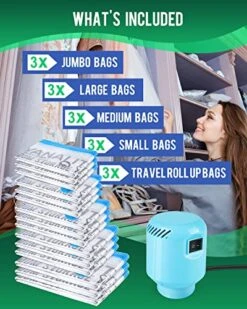 Vacuum Storage Bags With Electric Air Pump, 15 Pack (3 Jumbo, 3 Large, 3 Medium, 3 Small, 3 Roll Up Bags) Space Saver Bag, Vacuum Sealer Bags For Clothes, Blanket, Duvets, Pillows, Comforters, Travel