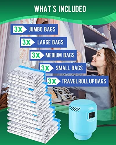 Vacuum Storage Bags With Electric Air Pump, 15 Pack (3 Jumbo, 3 Large, 3 Medium, 3 Small, 3 Roll Up Bags) Space Saver Bag, Vacuum Sealer Bags For Clothes, Blanket, Duvets, Pillows, Comforters, Travel 1 Vacuum Storage Bags With Electric Air Pump, 15 Pack (3 Jumbo, 3 Large, 3 Medium, 3 Small, 3 Roll Up Bags) Space Saver Bag, Vacuum Sealer Bags For Clothes, Blanket, Duvets, Pillows, Comforters, Travel