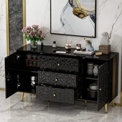 FAMAPY Credenza Storage Cabinet Sideboards And Buffets With Drawers & Doors, Polished Cellular Surface, Serving Bar Buffet Cabinet, Gold Metal Legs, Black (55.1”W X 15.7”D X 30.8”H) -Songmics Furniture Shop 51UMlAwCTWL