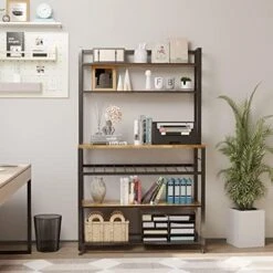 6 Tier Kitchen Bakers Rack With Wine Storage, Freestanding Kitchen Shelves With Hutch, Microwave Oven Stand, Coffee Bar Station With 4 Hooks, Wine Glass Holder, White Oak 35.5L X 13.8W X 64.7H -Songmics Furniture Shop 51UQ4WQz4oL. AC