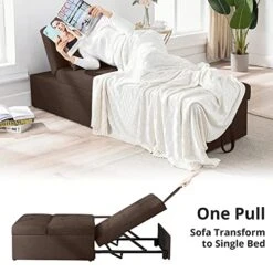 Cozy Castle Sleeper Chair, Convertible Chair Bed, 4 In 1 Ottoman Bed, Pullout Small Sofa Bed, Durable Linen Fabric Chaise Lounge, For Living Room, Brown -Songmics Furniture Shop 51UcTEvluSL