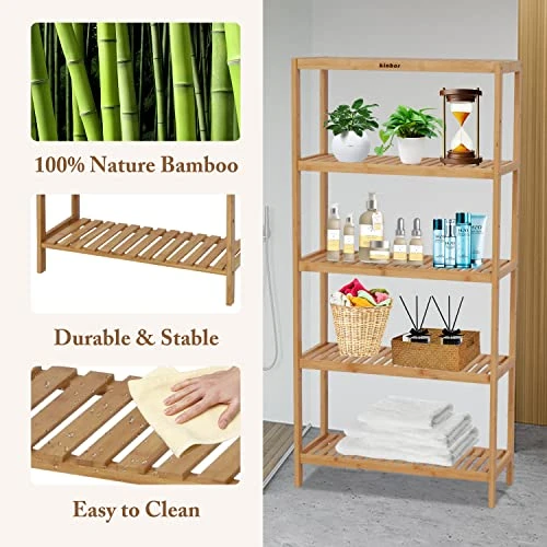 Kinbor 5-Tier Bamboo Bathroon Shelf - Bamboo Shelf Storage Shelving Rack Utility Shelf Multifunctional Bamboo Rack For Bathroom Kitchen Living Room 4 Kinbor 5-Tier Bamboo Bathroon Shelf - Bamboo Shelf Storage Shelving Rack Utility Shelf Multifunctional Bamboo Rack For Bathroom Kitchen Living Room - Image 4