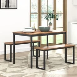SogesHome 3-Piece Kitchen Dining Room Table Sets, 45‘’ Table And 2 Benches For 4, Space-Saving Table Set For Restaurant, Coffee Shop, Living Room, Small Space