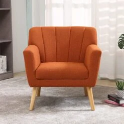 MELLCOM Mid Century Modern Accent Chair, Comfy Linen Fabric Club Chair With Solid Wood Legs Tufted Back, Upholstered Armchair Chairs For Living Room, Reading Room, Bedroom, Orange/Blue