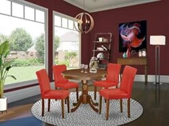 East West Furniture ANAB5-LWH-64 5Pc Round 36" Table And 4 Parson Chair With Linen Leg And Pu Leather Color White -Songmics Furniture Shop 51UnGWRH0LL. AC