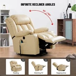 LEISLAND Power Lift Chairs Recliners For Elderly, Breathable Leather Recliner Chairs With Massage And Heat, Lay Flat Sleeper Chair With Cup Holder,OKIN Motor,USB Charge Port, Remote Control(Beige) -Songmics Furniture Shop 51UoHAy6gWL