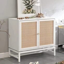AWQM Sideboard Buffet Cabinet, Accent Storage Cabinet With 2 Rattan Doors, Farmhouse Accent Side Cabinet With Adjustable Shelves,Natural Wood Sideboard Entryway Table For Bar, Dining Room,White