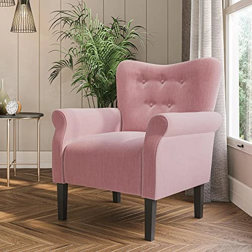 BELLEZE Modern Accent Chair Armchair For Living Room Or Bedroom With Wooden Legs, High Back Rest, Padded Armrest, And Comfortable Cushioned Seat - Allston (Pink) 2 BELLEZE Modern Accent Chair Armchair For Living Room Or Bedroom With Wooden Legs, High Back Rest, Padded Armrest, And Comfortable Cushioned Seat - Allston (Pink) - Image 2