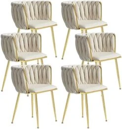 Tsuysi Velvet Dining Chairs Set Of 4, Modern Dining Chair With Golden Metal Legs, Woven Upholstered Dining Chairs For Dining Room, Kitchen, Vanity, Living Room (Beige) -Songmics Furniture Shop 51V 6UAKeEL. AC