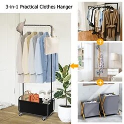 Dunatou Clothing Rack With Basket, Standard Rod Clothing Garment Rack, Rolling Clothes Organizer On Wheels For Hanging Clothes (Small, Black)