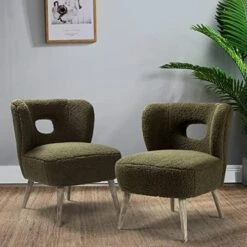 TINA'S HOME Modern Sherpa Accent Chair With Open Back & Wooden Legs, Upholstered Lamb Fleece Armless Slipper Chair, Comfy Faux Fur Cute Vanity Chair For Living Room Bedroom Office Makeup Room, Ivory -Songmics Furniture Shop 51V6CkjGknL. AC