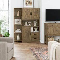 HOSTACK 60.4" Farmhouse Kitchen Pantry Storage Cabinet, Freestanding Hutch With Doors & Shelves, Buffet Sideboard With Microwave Stand, Coffee Bar With Drawers, Cupboard For Dining Room, Rustic Brown -Songmics Furniture Shop 51VQLtq3V0L