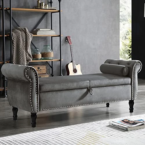 LUCKHAO Storage Bench For Bedroom End Of Bed, 63" Long Velvet Tufted Upholstered Storage Ottoman Bench For Bedroom, Rolled Arm Nailhead Trim With Pillow(Grey) 1 LUCKHAO Storage Bench For Bedroom End Of Bed, 63" Long Velvet Tufted Upholstered Storage Ottoman Bench For Bedroom, Rolled Arm Nailhead Trim With Pillow(Grey)