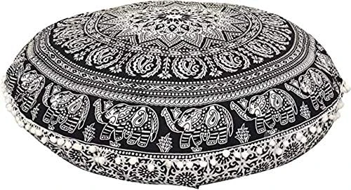 Rajasthaniartdecor Round Pouf Cover Cushion Cotton With Pom Meditetion Seating For Living Dorm Room Color Size 32 Inch Inches (Cover Only) (Blue Gold), RADC003-V, Inches(80 Cm) 4 Rajasthaniartdecor Round Pouf Cover Cushion Cotton With Pom Meditetion Seating For Living Dorm Room Color Size 32 Inch Inches (Cover Only) (Blue Gold), RADC003-V, Inches(80 Cm) - Image 4