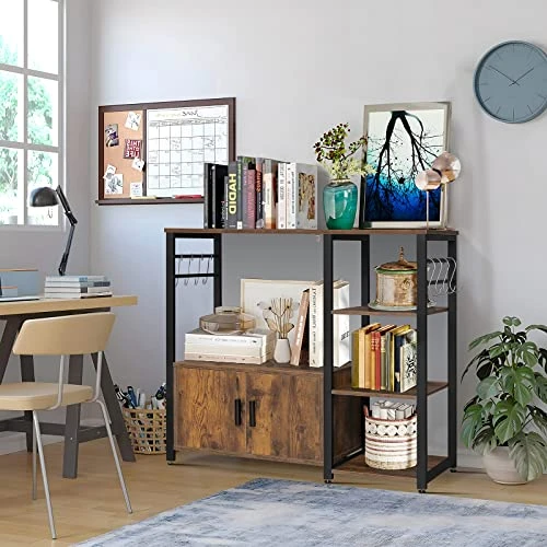 Iwell Kitchen Baker's Rack, Microwave Stand, Coffee Bar Cabinet With 8 S-Shaped Hooks & Storage Cabinet, 4 Tier Utility Oven Stand Shelf For Dining Room, Living Room, Vintage Brown 4 Iwell Kitchen Baker's Rack, Microwave Stand, Coffee Bar Cabinet With 8 S-Shaped Hooks & Storage Cabinet, 4 Tier Utility Oven Stand Shelf For Dining Room, Living Room, Vintage Brown - Image 4