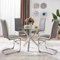 Modern Dining Table Set For 4 Person,5 Pieces Kitchen Dining Room Sets With Glass Round Table Top,Chrome Legs + 4 White With Black Side,Faux Leather High Back Dining Room Chairs Set For Home Office -Songmics Furniture Shop 51Vckm7wjCL. AC