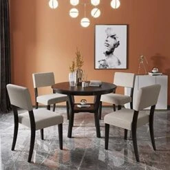 Merax 5-Piece Dining Table Set Round Table With Bottom Shelf And 4 Upholstered Chairs For Kitchen Dining Room（Espresso） -Songmics Furniture Shop 51Vh 2meKxL. AC