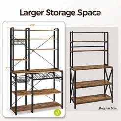 Yaheetech Kitchen Bakers Rack, Wooden Microwave Stand Kitchen Storage Shelf With Wine Rack And Wire Basket And 12 Hooks, Coffee Bar Station For Home Kitchen/Dinning Room, Rustic Brown -Songmics Furniture Shop 51ViXfzwYUL