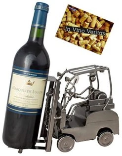 BRUBAKER Wine Bottle Holder 'Forklift' - Table Top Metal Sculpture - With Greeting Card