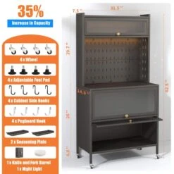 Kitchen Storage Rack, Microwave Stand With Flip Door And Pegboard, Large Kitchen Storage Shelves With Wheels & 8 Hooks, 5-Tier Free Standing Kitchen Bakers Rack For Garage Pantry Kitchen Home Black