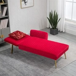 XIMEIX Stylish And Comfortable Beige Convertible Futon Sofa Bed Gold Metal Feet 66" Velvet Sofa Modern And Sleek, Rose Red